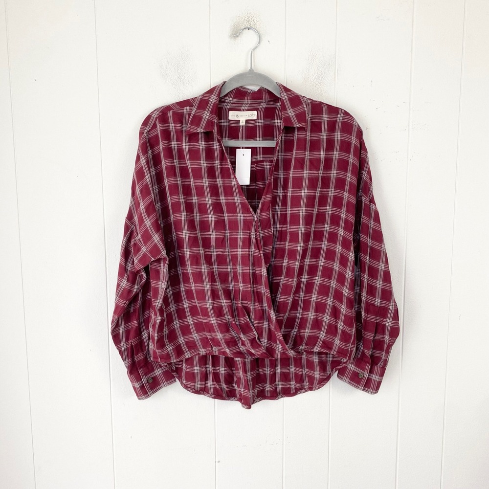 Lou & Grey for LOFT Burgundy Plaid Surplice Wrap Blouse Top Long Sleeve S NWT